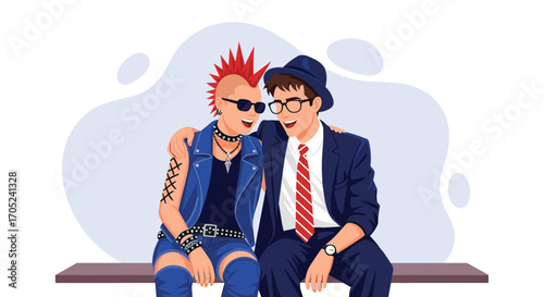 Punk and businessman friends sitting together on a bench.