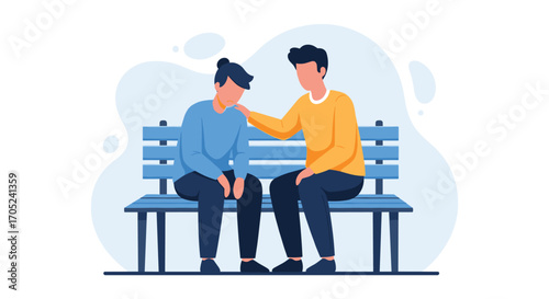 Man comforting sad friend sitting on bench outdoors.