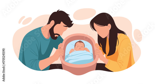 Parents lovingly looking at their newborn baby in a bassinet.