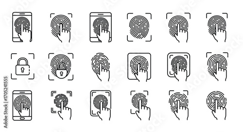 Collection of fingerprint scanner icons on smartphone screens silhouette