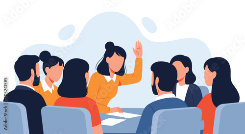 Woman raising hand in a business meeting discussion.