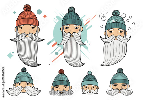 Whimsical bearded man illustrations with cozy winter hats for festive designs