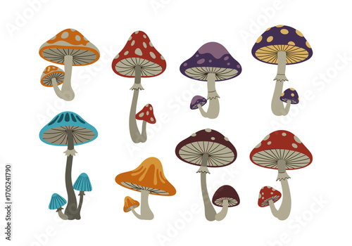 A collection of whimsical fantasy mushroom illustrations featuring diverse colors and patterns