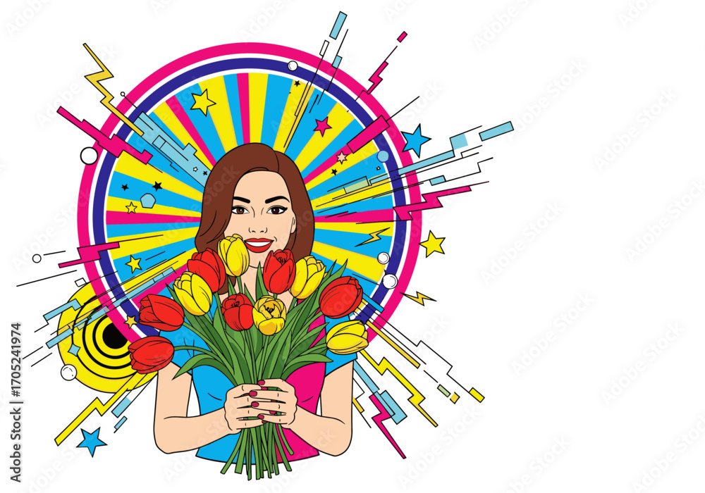 Joyful woman holding bright bouquet of tulips amidst vibrant celebration graphics Joyful woman holding bright bouquet of tulips amidst vibrant celebration graphics