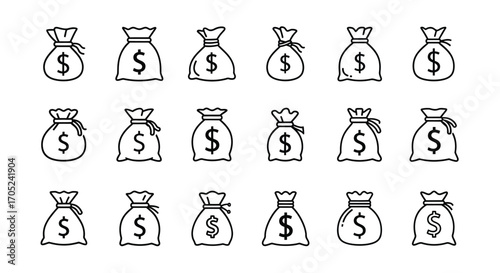 Collection of hand drawn money bag silhouettes with dollar signs