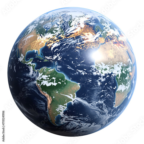 Beautifully rendered, highly detailed 3D illustration of planet Earth from space, showcasing continents and oceans bathed in sunlight