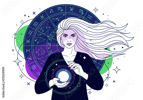 Mystical woman holding glowing orb surrounded by celestial zodiac wheel and cosmic elements