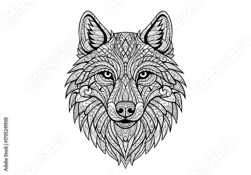 Intricate ornamental wolf head design in monochrome detailed tribal art style