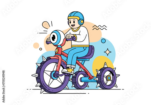 Joyful person riding a tricycle with spiky wheels enjoying a sunny day outdoors