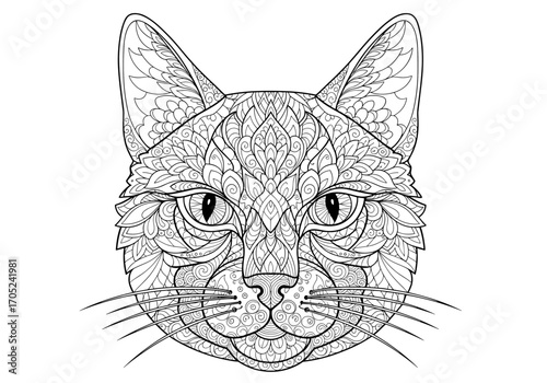 Intricate black and white mandala style cat face drawing for relaxation and creative expression