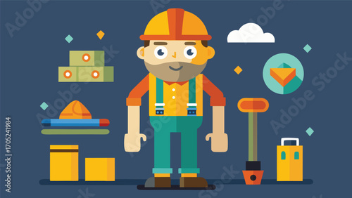 Construction worker standing confidently with tools and materials in a colorful and vibrant setting