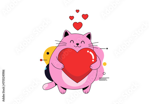 Adorable fluffy pink cat character holding a large red heart with flying hearts above its head celebrating love and affection