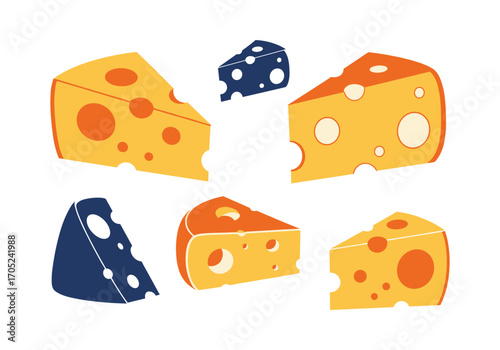 A collection of delicious swiss cheese wedges decorated with various sized holes scattered artfully across a white background