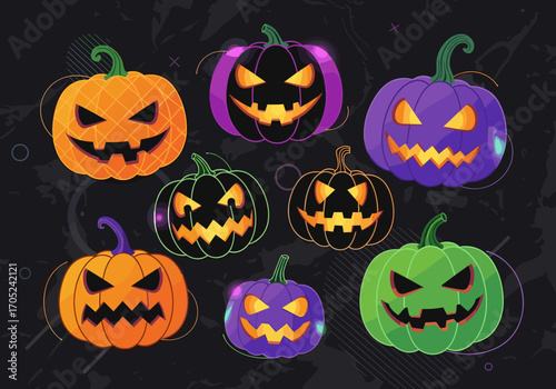Collection of spooky halloween pumpkins with glowing jack o lantern faces ready for autumn celebrations