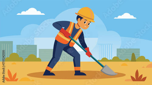 Construction worker digs in urban landscape during sunny day in a vibrant city setting