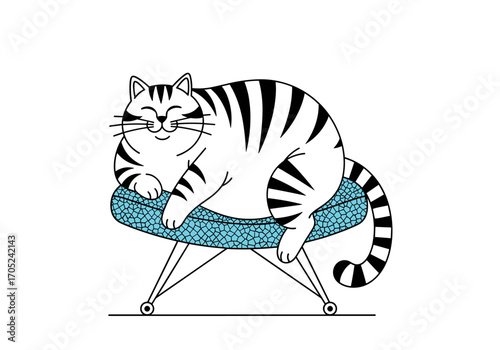 Whimsical illustration of a plump tabby cat comfortably resting on a modern stool