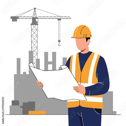A construction worker in a hard hat and safety vest reviews blueprints on a building site with a crane, depicted as a clean, simplified 2D flat vector illustration on white background.