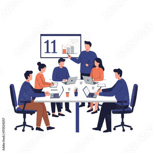 Diverse business professionals collaborate around a large table in a modern office, one person presenting on a screen while others take notes, in a clean 2D flat vector illustration.