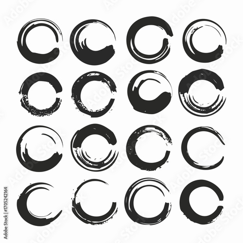 Black rough brushstroke lines and circles collection. Brush drawn ink textured grunge shapes. Calligraphy thick or bold paint lines.