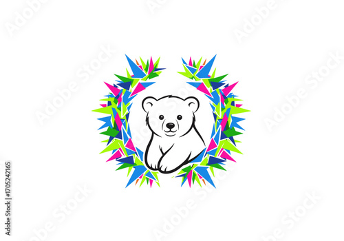 Adorable cartoon bear cub surrounded by a vibrant starburst wreath logo design