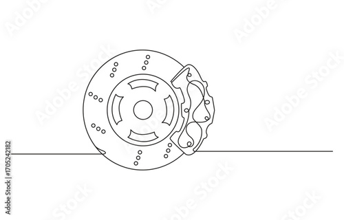 Car Brake System Illustration, Car Wheel Brake System Single Continuous Line Drawing, Single Line Art of Car Brake System