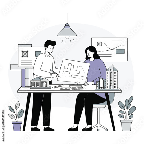 Small business owner presents architectural blueprints to a client in a creative studio with drawing tools and model buildings, a simplified 2D flat vector style illustration.