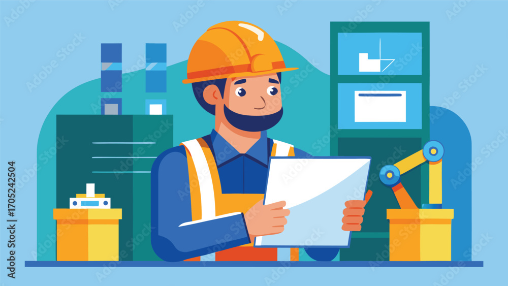 Construction worker reviewing plans in a modern workspace with tools and equipment Construction worker reviewing plans in a modern workspace with tools and equipment