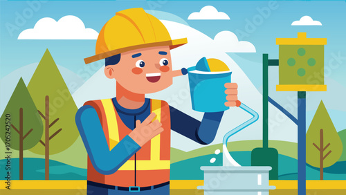 Construction worker mixing material in vibrant outdoor setting with trees and hills