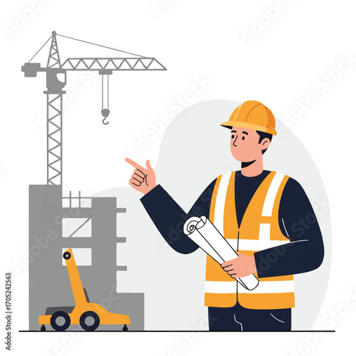 A flat 2D vector illustration features a construction worker in a hard hat and safety vest, holding blueprints, overseeing a building site with a towering crane.