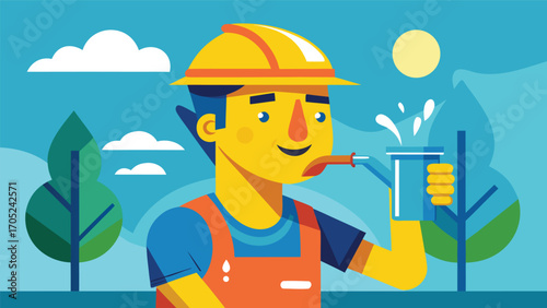 Construction worker enjoying a refreshing drink under the sun in a bright landscape