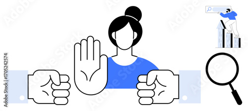 Woman raising hand to stop confrontation symbolized by two fists, magnifying glass, man searching data on chart. Ideal for teamwork, leadership, conflict resolution, analysis, decision-making, gender