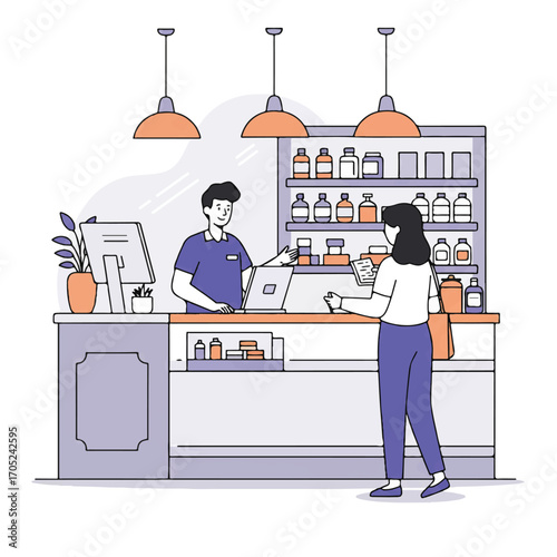 A friendly shop owner provides attentive service to a happy customer at a well-stocked counter in a modern boutique store, depicted in a clean 2D flat vector illustration.