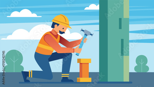 Construction worker repairs a site with precision tools in a bright outdoor environment