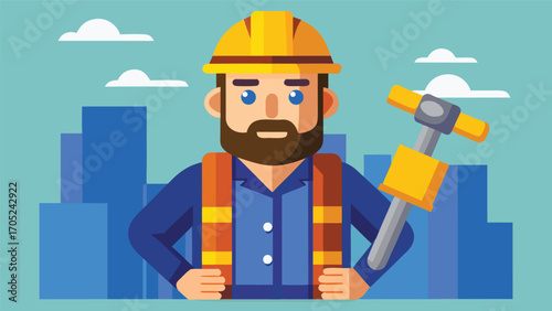 Construction worker stands confidently with tools against an urban skyline background during daylight
