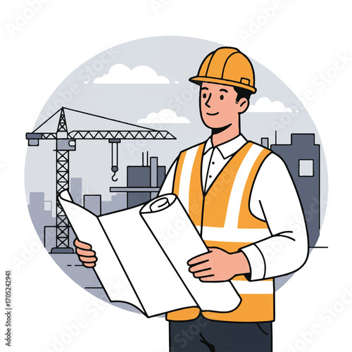 A male construction worker, wearing a hard hat and safety vest, holds a blueprint while standing before a partially built structure with a distant crane in this clean 2D flat vector illustration.