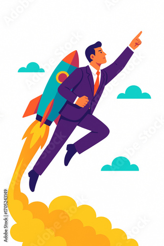 Businessman soaring with rocket, symbolizing business growth, success, and innovation in the sky