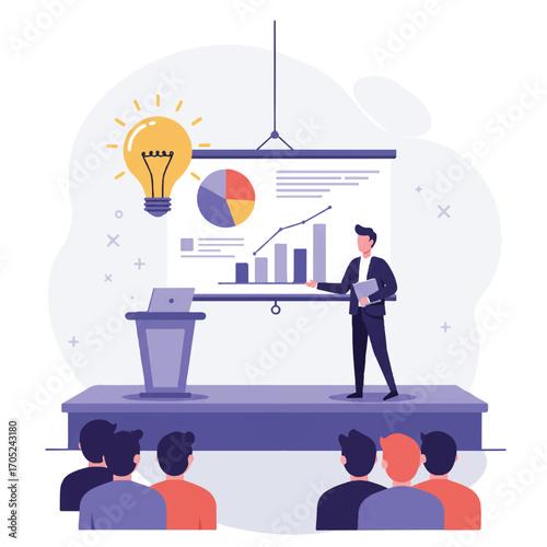 A simplified 2D flat vector illustration of an entrepreneur presenting a business idea with charts on a large screen to investors and an audience.