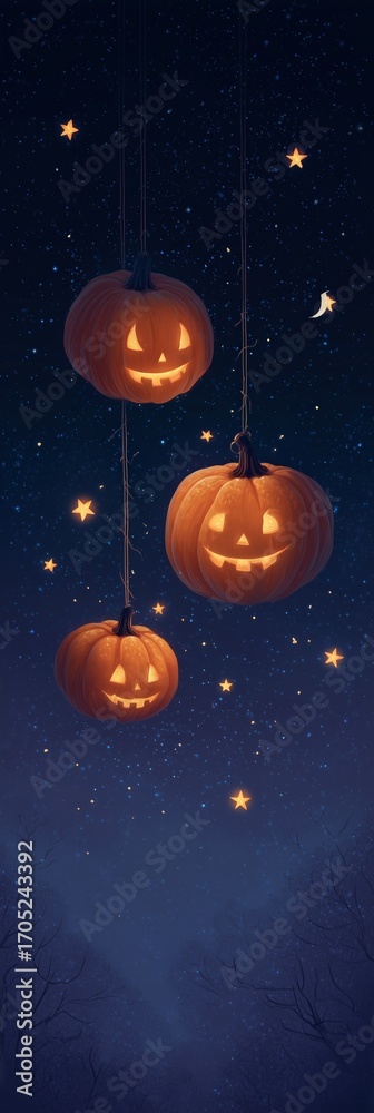Fototapeta premium Floating jack-o-lanterns under moonlit sky, three glowing pumpkins suspended among stars magical Halloween scene for digital and print design.