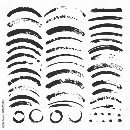 Black rough brushstroke lines and circles collection. Brush drawn ink textured grunge shapes. Calligraphy thick or bold paint lines.