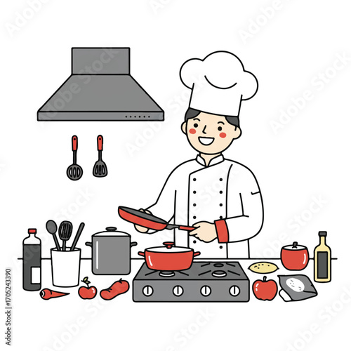 Smiling chef, wearing a toque, expertly cooks with a frying pan over a stove in a vibrant kitchen, surrounded by utensils and ingredients, a 2D flat vector illustration style.