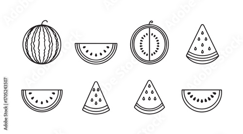 Collection of watermelon slices and whole fruit silhouette