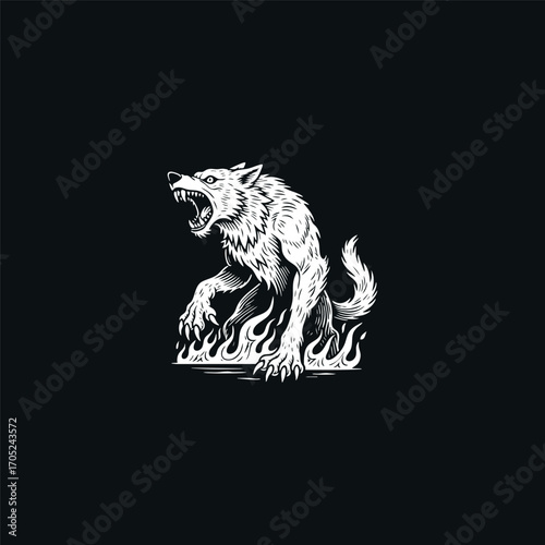 Werewolf monster engraving style. Aggressive beast with claws, fangs, and fire. Vintage horror illustration for tattoo, logo, and fantasy design.