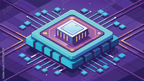 Digital representation of a microprocessor with vibrant colors and intricate patterns in a technological setting