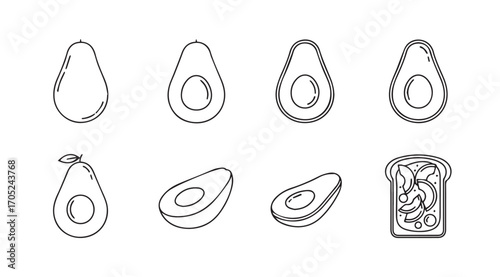 Collection of hand drawn avocado illustrations in silhouette style