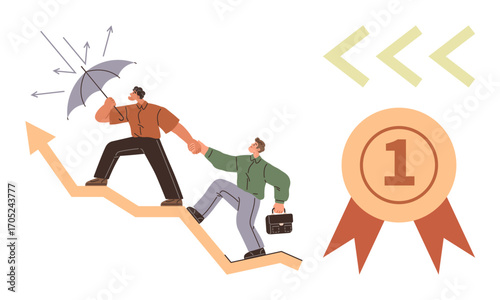 Two people climbing an upward arrow graph, leader holding an umbrella deflecting challenges. Red ribbon award symbolizes success. Ideal for teamwork, leadership, growth, mentorship, overcoming