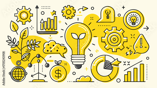 Creative illustration of business concepts featuring light bulb, gears, and growth symbols in yellow and black colors