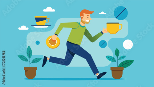 Man running with cup and saucer amidst potted plants in a vibrant, cheerful setting