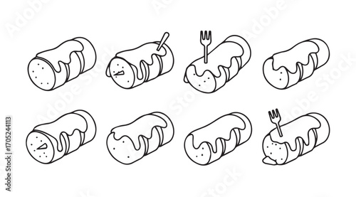 Eight hand drawn sweet pastry rolls with creamy glaze silhouette
