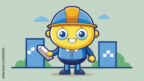 Friendly character in construction uniform smiling while holding a brick in an urban setting during daylight