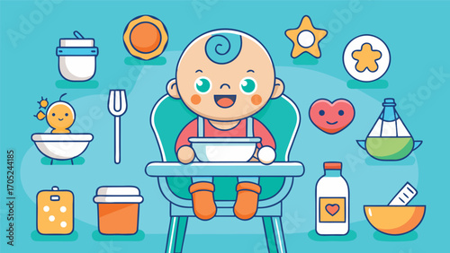 Happy baby enjoying a meal while surrounded by colorful food items and toys in a cheerful kitchen setting